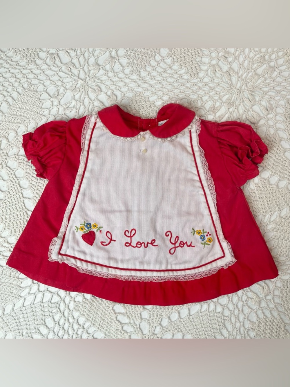 Vintage 1980s Cradle Togs Baby Girl Newborn Red "I Love You" Dainty Short Dress